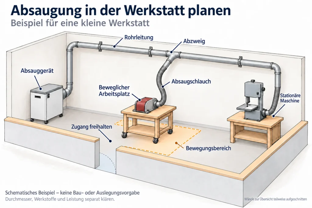 Kleine Werkstatt mit Absauggerät, Rohrleitung und Abzweig zu zwei Maschinen, Schlauchanschlüssen sowie markiertem Zugang und Bewegungsbereich.