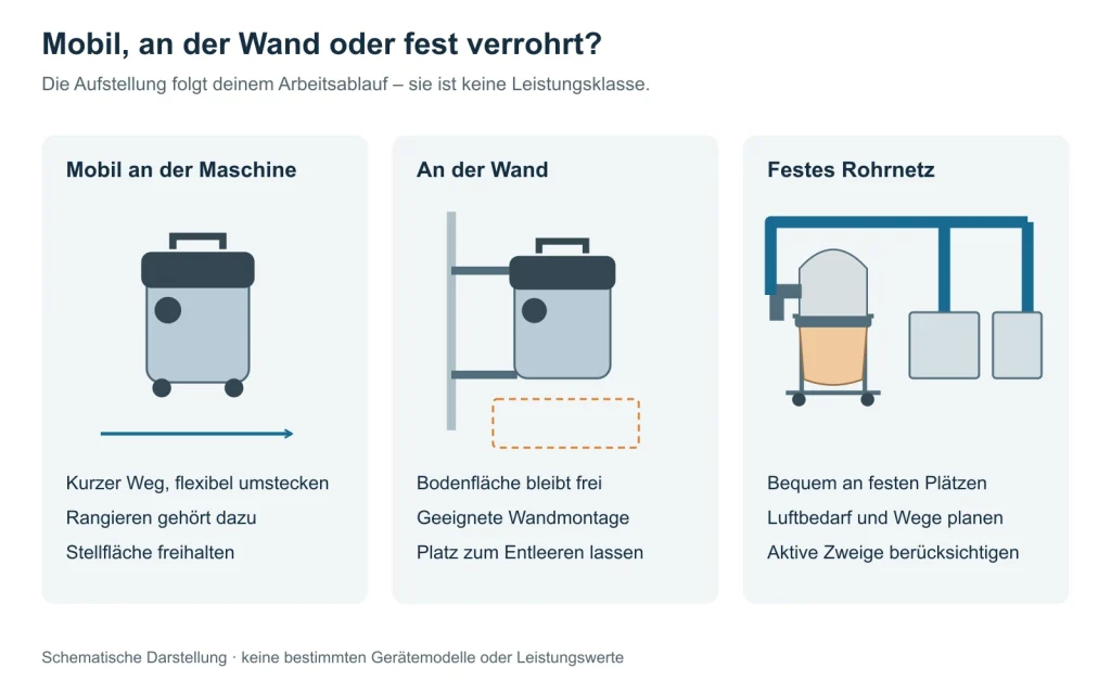 Fahrbarer Sauger, wandmontiertes Gerät mit Wartungsraum und ein festes Rohrnetz im Vergleich.