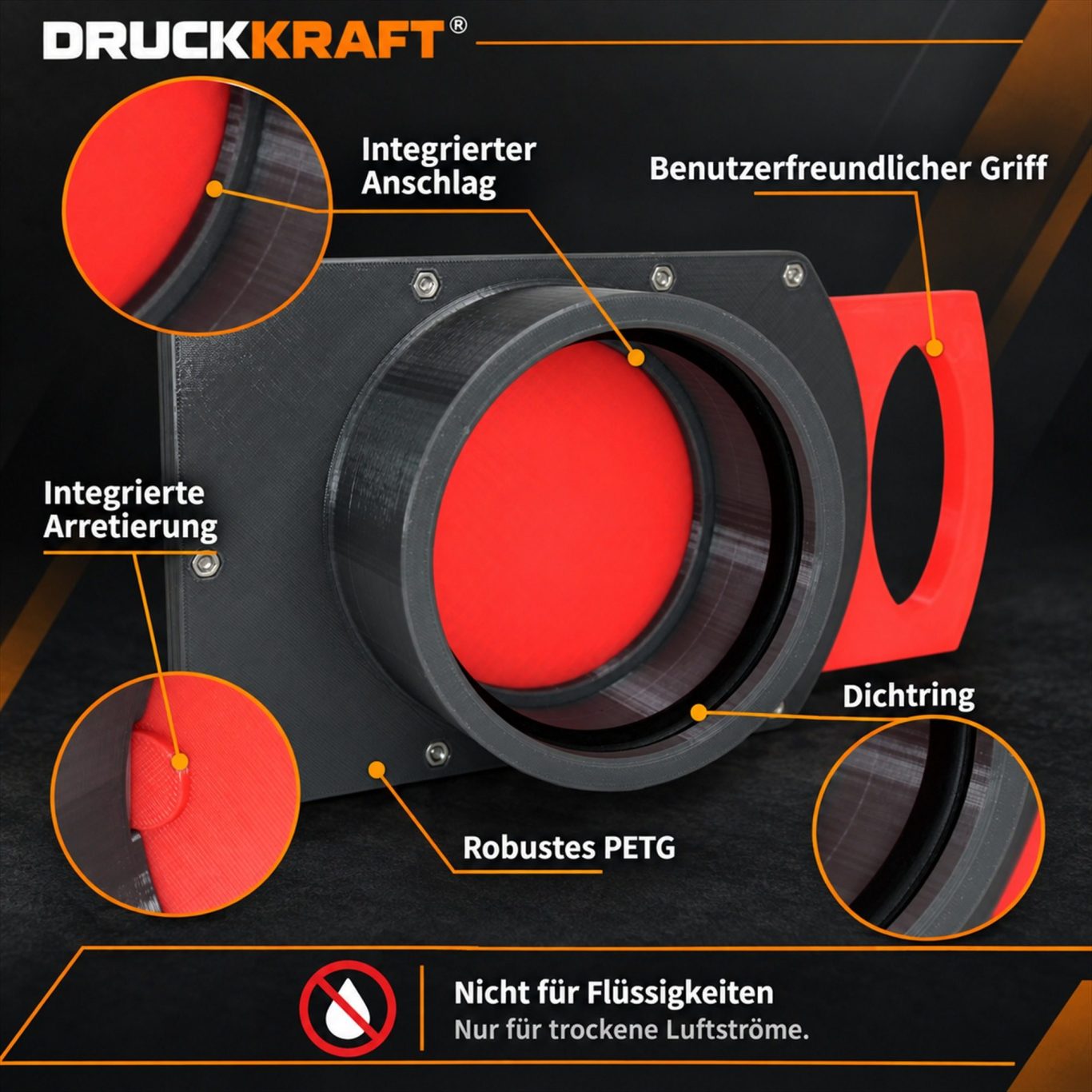 DRUCKKRAFT-Absperrschieber mit Muffe: Handgriff, Arretierung, PETG-Grundkörper und Dichtring an der Muffenseite
