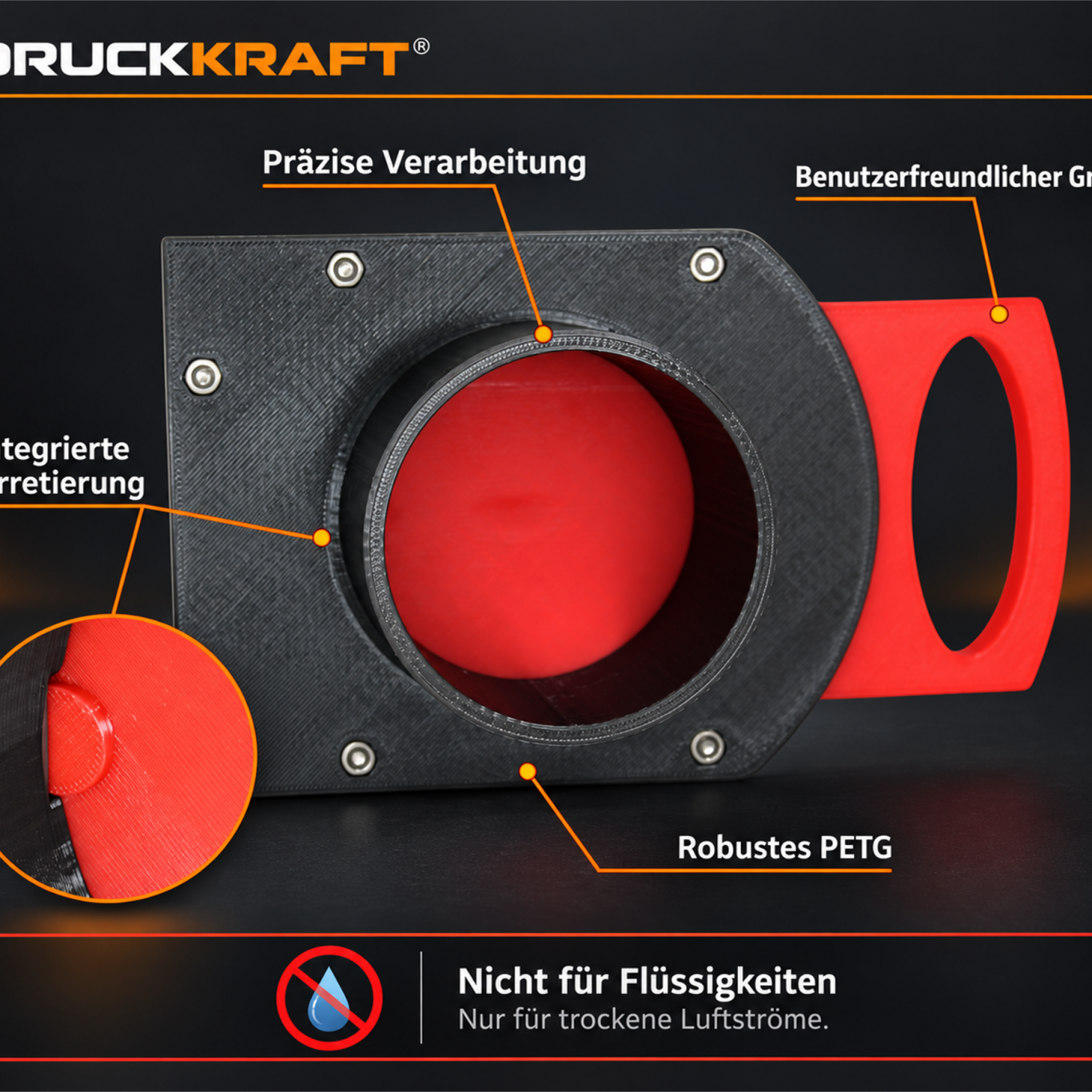 DRUCKKRAFT-Absperrschieber ohne Muffe mit Außenanschlüssen, Handgriff, Arretierung und PETG-Grundkörper